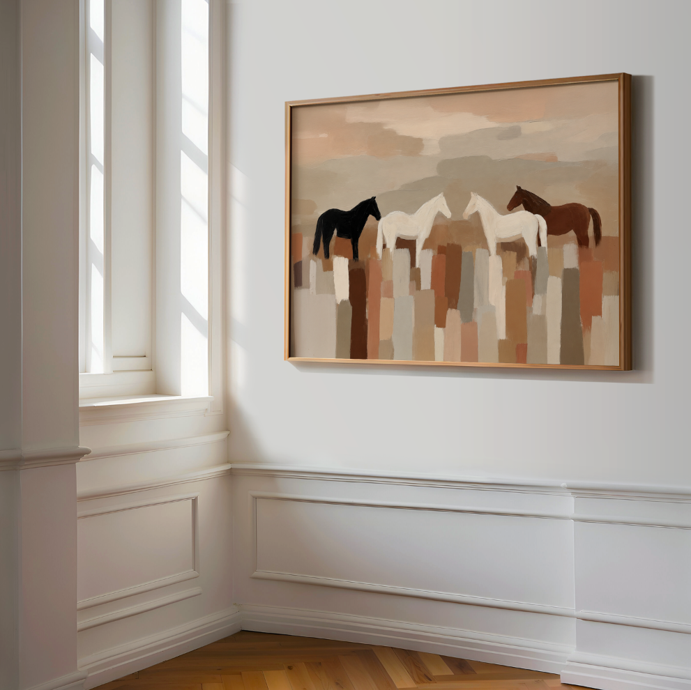 Neutral Abstract Horses Printed Poster, Minimal Horse Art, Earth Tone Wall Decor, Minimalist Farmhouse Rustic Decor