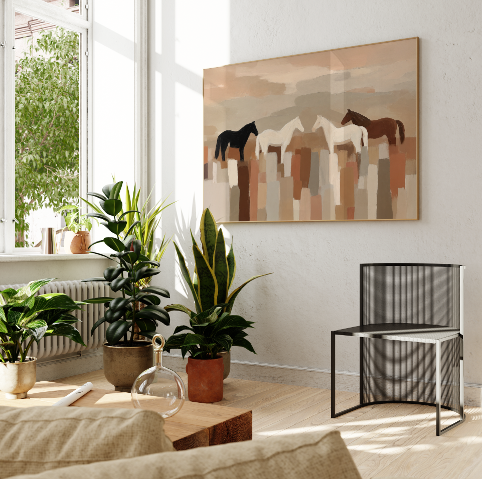Neutral Abstract Horses Printed Poster, Minimal Horse Art, Earth Tone Wall Decor, Minimalist Farmhouse Rustic Decor