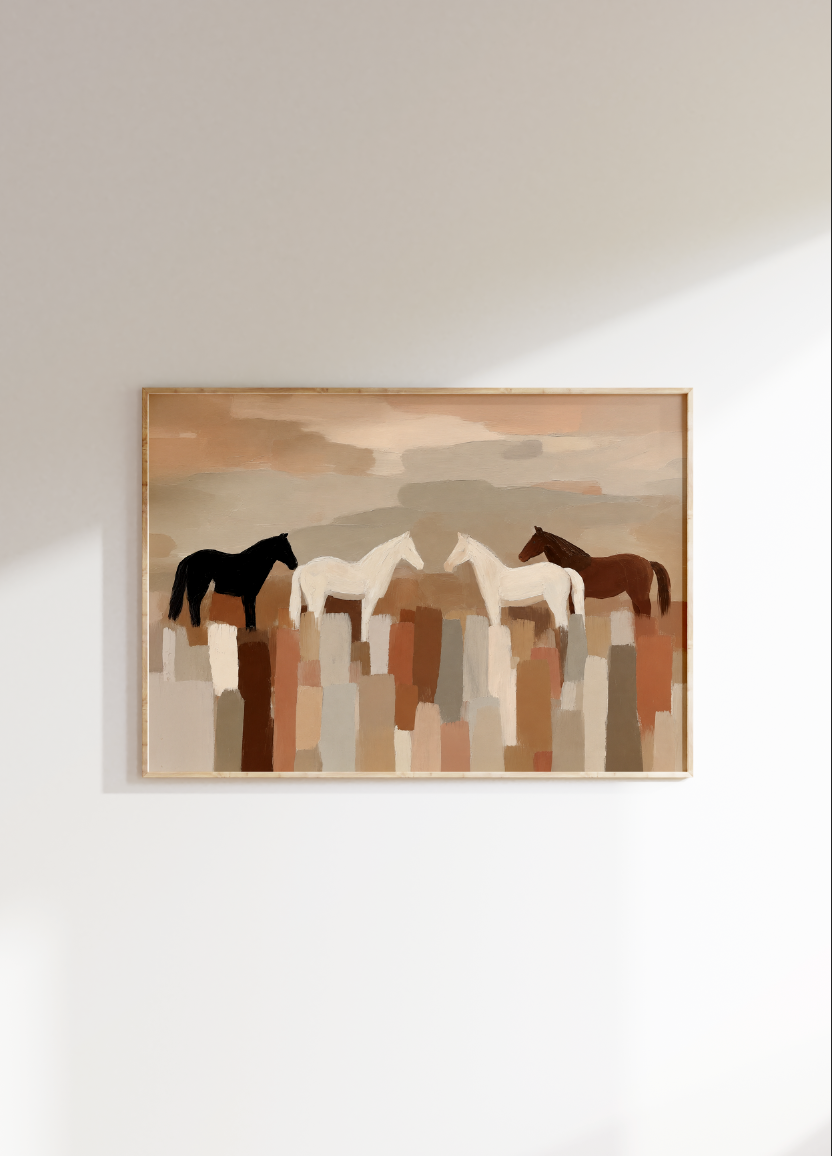 Neutral Abstract Horses Printed Poster, Minimal Horse Art, Earth Tone Wall Decor, Minimalist Farmhouse Rustic Decor