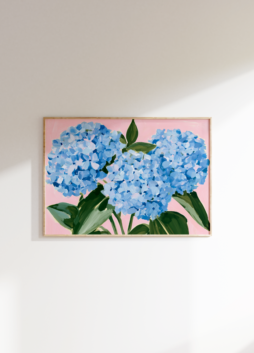 Blue Hydrangea Floral Poster, Preppy Decor, Dorm Room Art