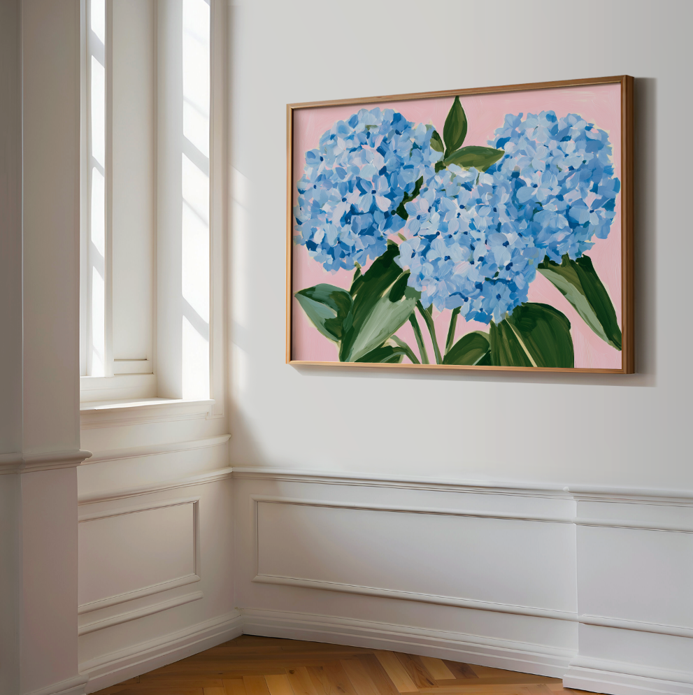 Blue Hydrangea Floral Poster, Preppy Decor, Dorm Room Art