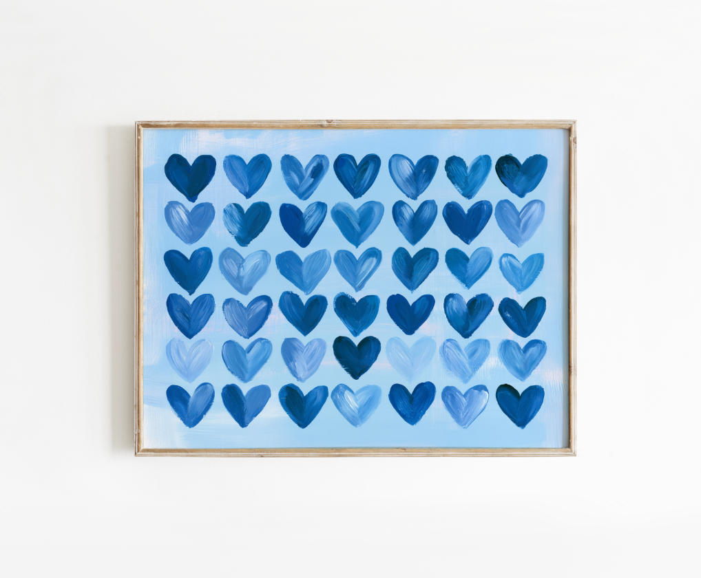 Blue Heart Pattern Poster, Preppy Blue Hearts Wall Art, Dorm Decor, Blue Girl's Room Art
