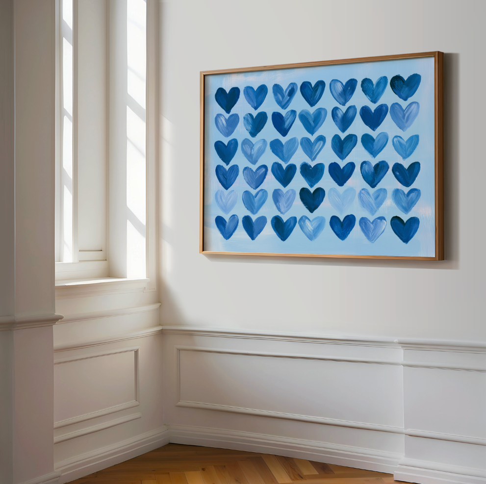 Blue Heart Pattern Poster, Preppy Blue Hearts Wall Art, Dorm Decor, Blue Girl's Room Art