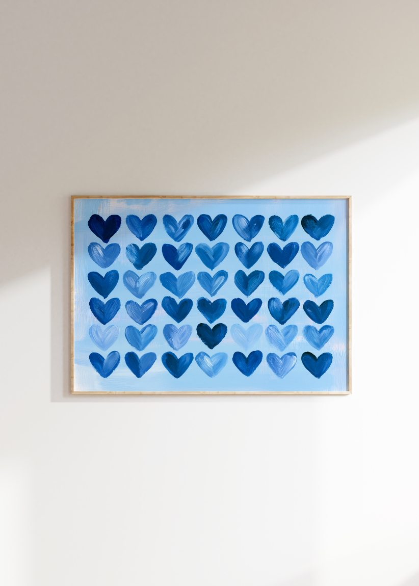 Blue Heart Pattern Poster, Preppy Blue Hearts Wall Art, Dorm Decor, Blue Girl's Room Art