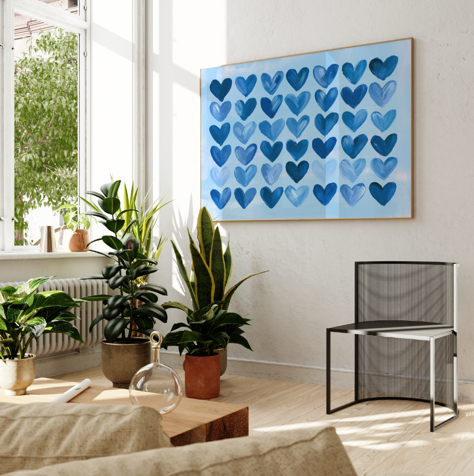 Blue Heart Pattern Poster, Preppy Blue Hearts Wall Art, Dorm Decor, Blue Girl's Room Art