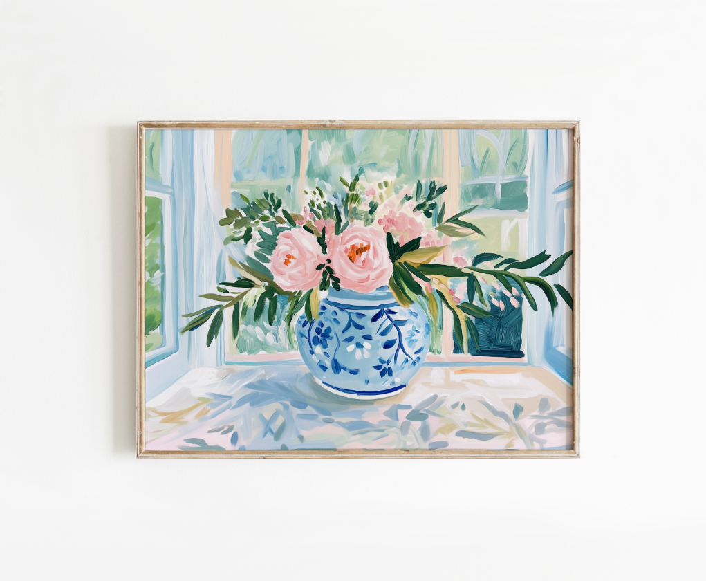 Pink Peonies in Blue Ginger Jar Vase Poster, Preppy Floral Wall Art