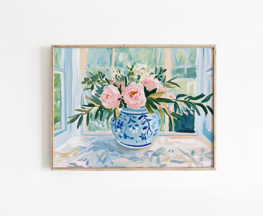 Pink Peonies in Blue Ginger Jar Vase Poster, Preppy Floral Wall Art