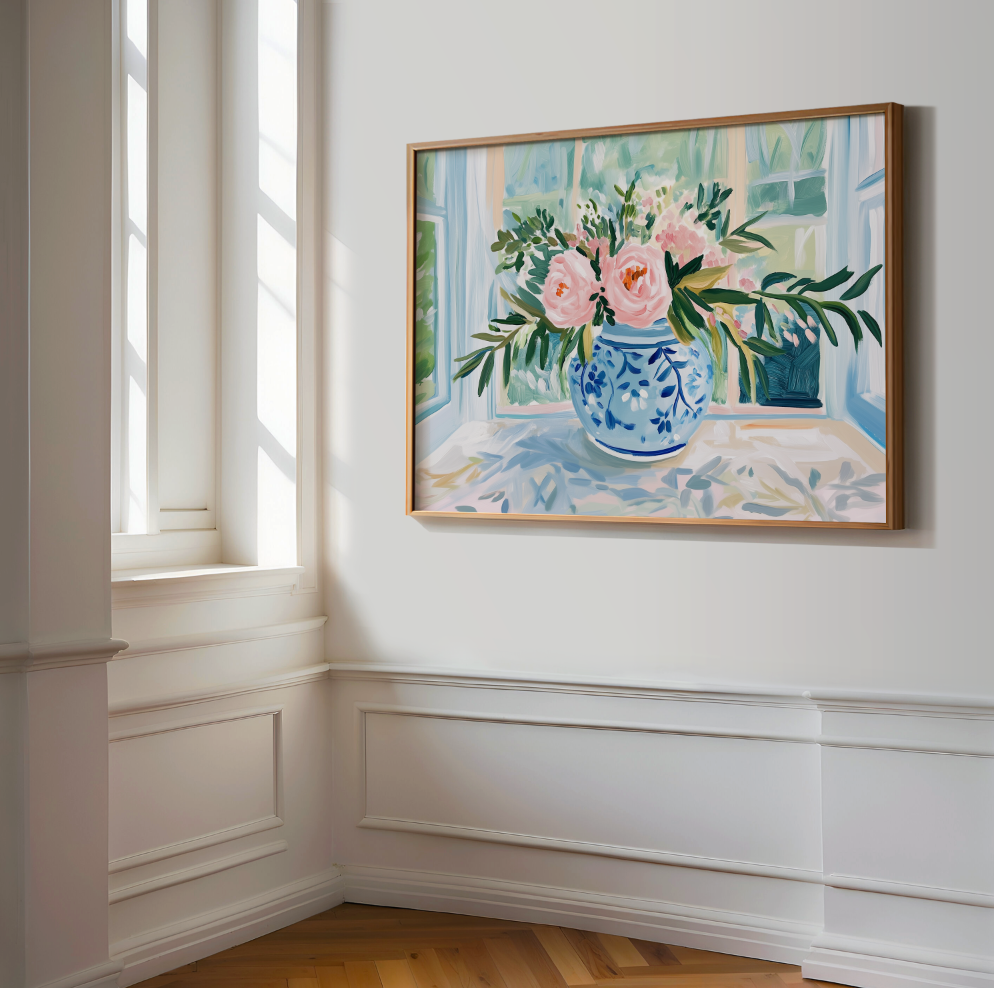 Pink Peonies in Blue Ginger Jar Vase Poster, Preppy Floral Wall Art