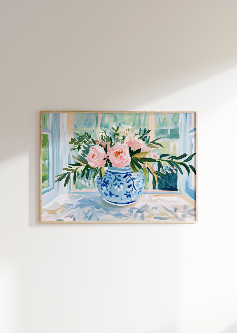 Pink Peonies in Blue Ginger Jar Vase Poster, Preppy Floral Wall Art
