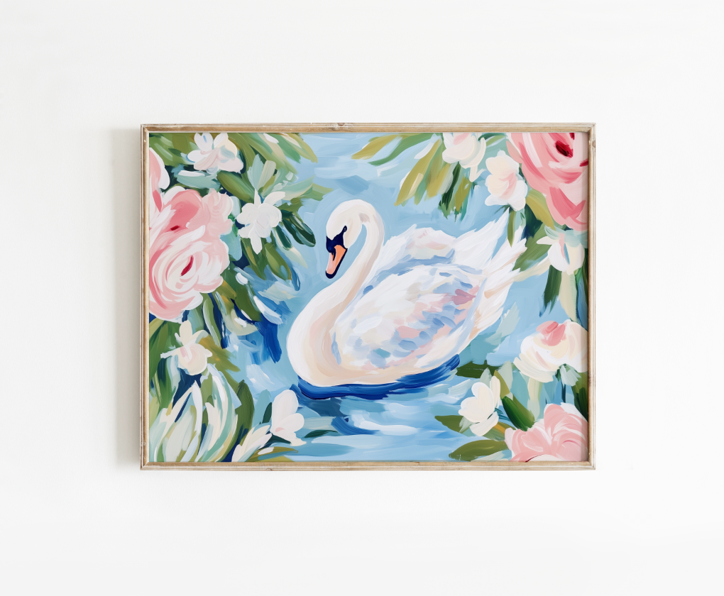 White Swan Floral Painting Poster, Swan Art Print, Preppy Decor