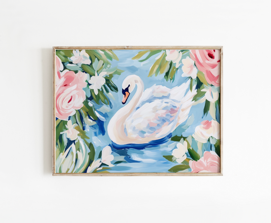 White Swan Floral Painting Poster, Swan Art Print, Preppy Decor