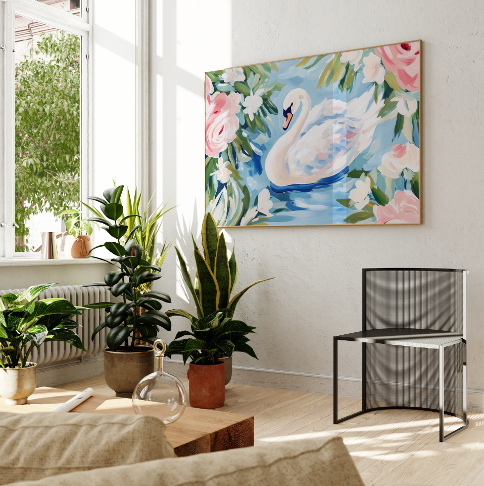 White Swan Floral Painting Poster, Swan Art Print, Preppy Decor