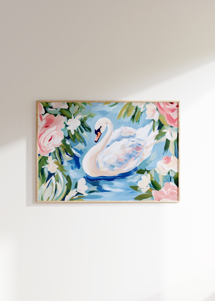 White Swan Floral Painting Poster, Swan Art Print, Preppy Decor