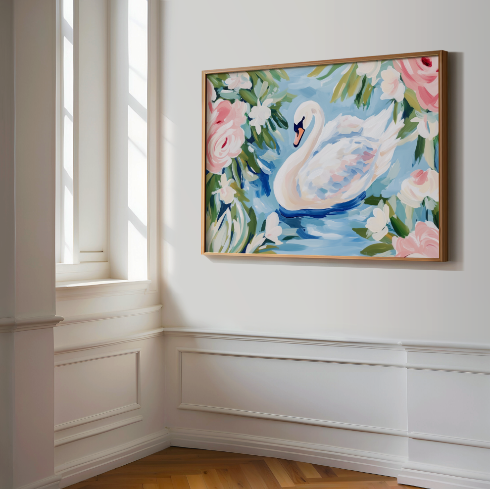 White Swan Floral Painting Poster, Swan Art Print, Preppy Decor