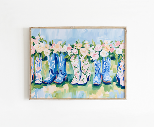 Blue Floral Cowgirl Boots Poster, Western Floral Wall Art, Preppy Home Decor