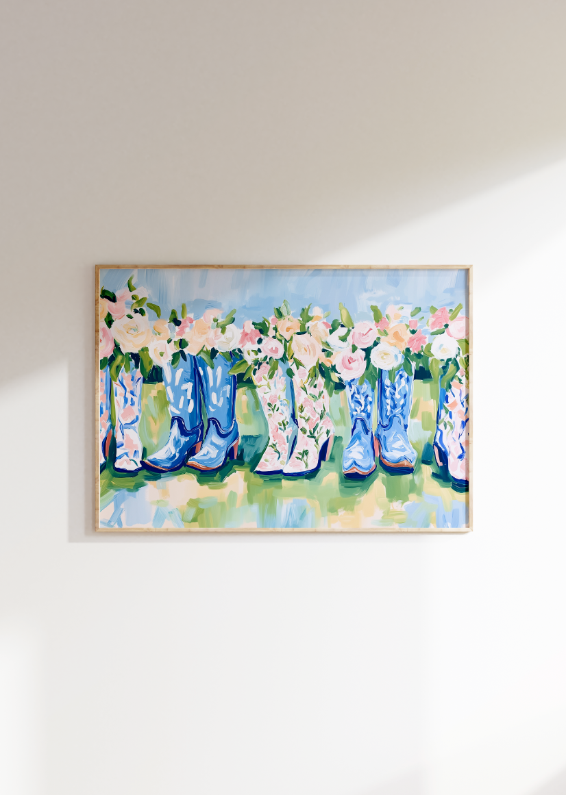 Blue Floral Cowgirl Boots Poster, Western Floral Wall Art, Preppy Home Decor