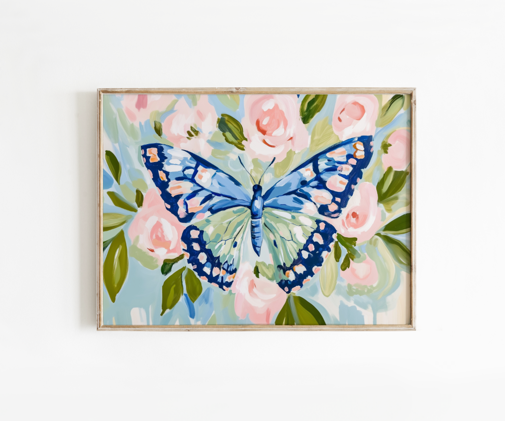 Blue Butterfly Floral Poster, Preppy Floral Butterfly Wall Art, Dorm Decor