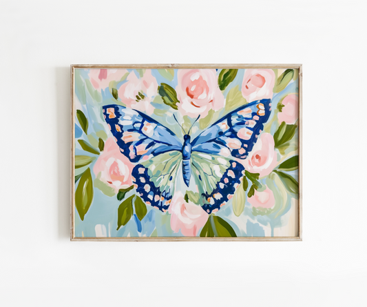 Blue Butterfly Floral Poster, Preppy Floral Butterfly Wall Art, Dorm Decor