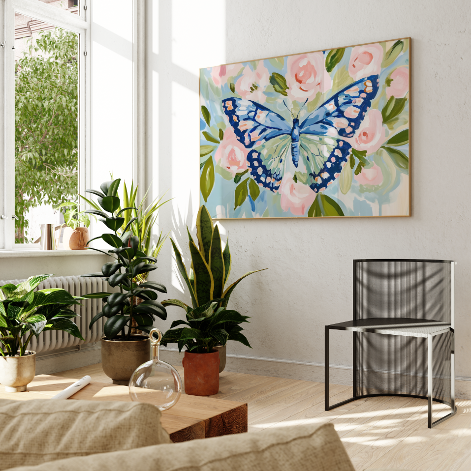 Blue Butterfly Floral Poster, Preppy Floral Butterfly Wall Art, Dorm Decor
