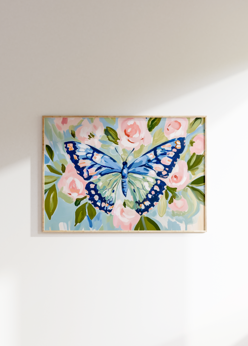 Blue Butterfly Floral Poster, Preppy Floral Butterfly Wall Art, Dorm Decor