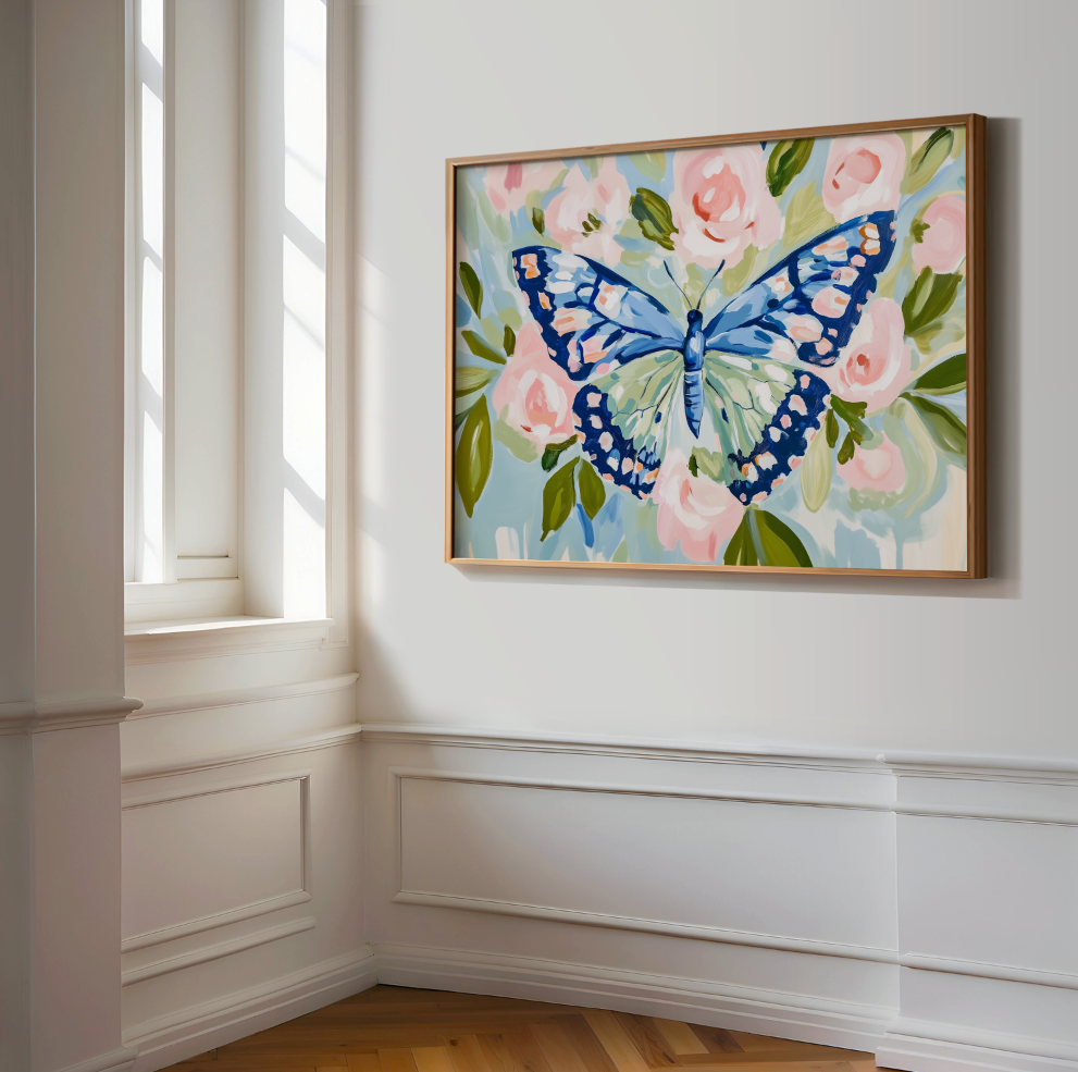 Blue Butterfly Floral Poster, Preppy Floral Butterfly Wall Art, Dorm Decor