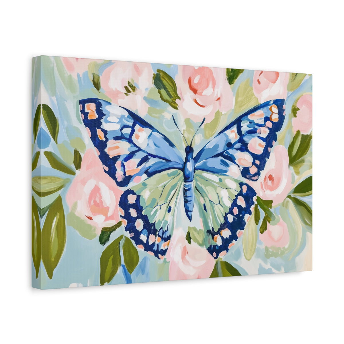 Blue Butterfly Floral Canvas, Preppy Floral Decor, Dorm Art