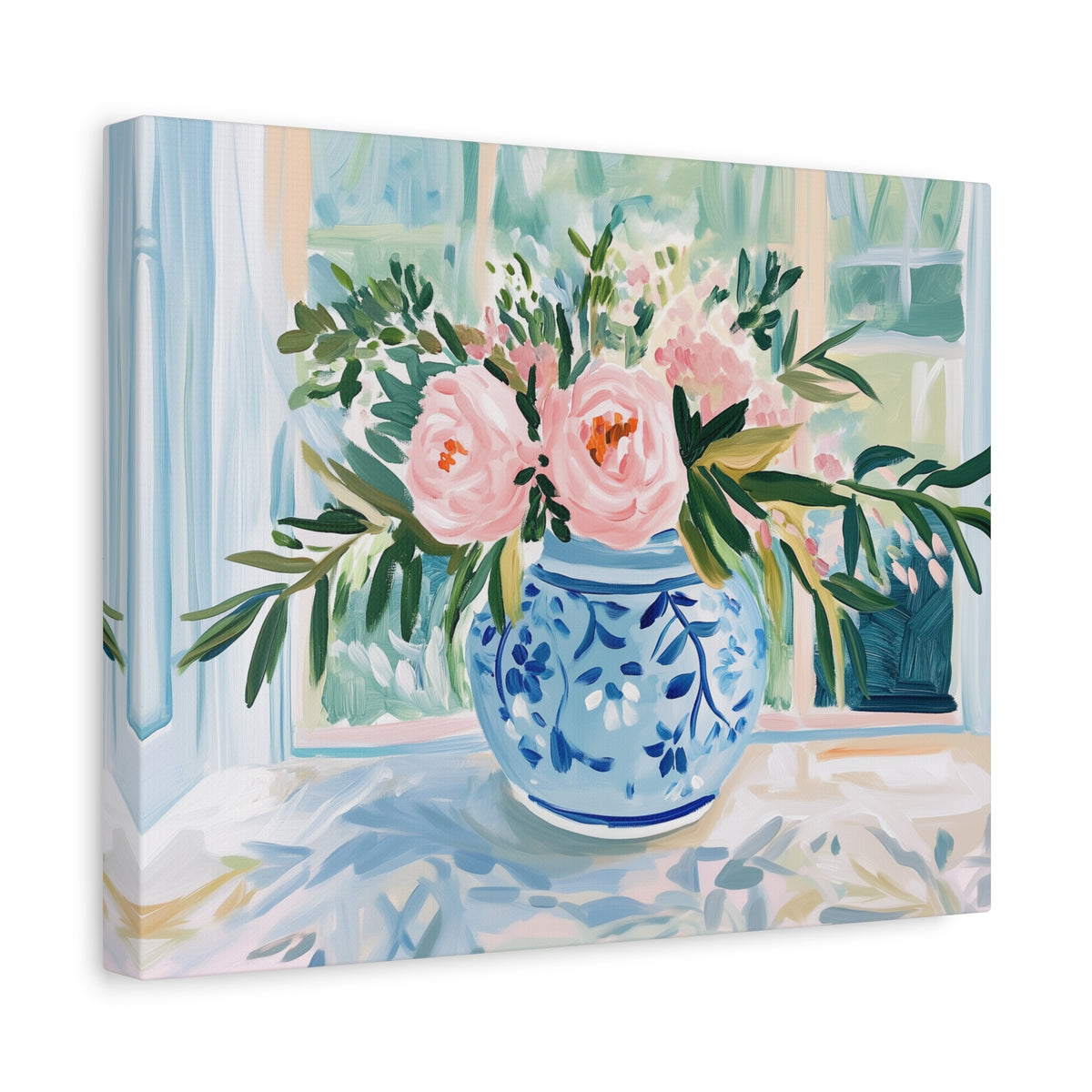 Pink Peonies in Blue Ginger Jar Bouquet on Canvas. Preppy Floral Wall Art