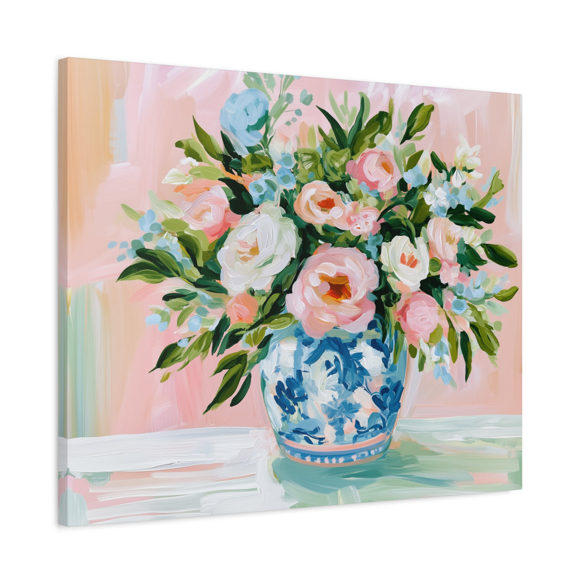 Floral Bouquet Canvas, Pink Peonies in Blue Chinoiserie Vase Canvas Wall Art