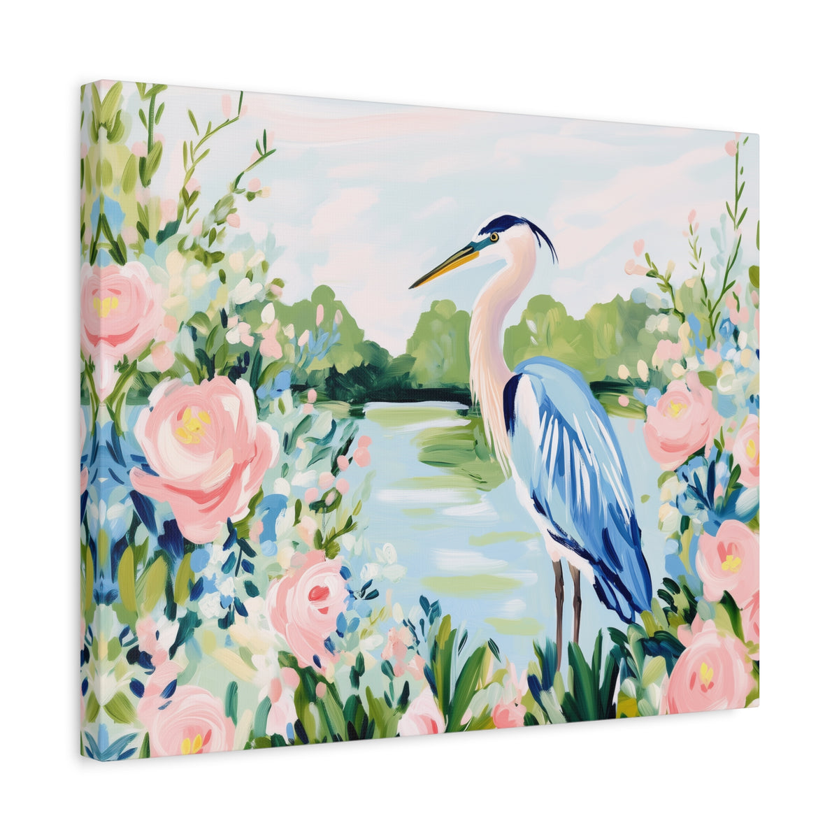 Blue Heron Painting Canvas Stretched Matte Canvas | Floral Southern Marsh Wall Art