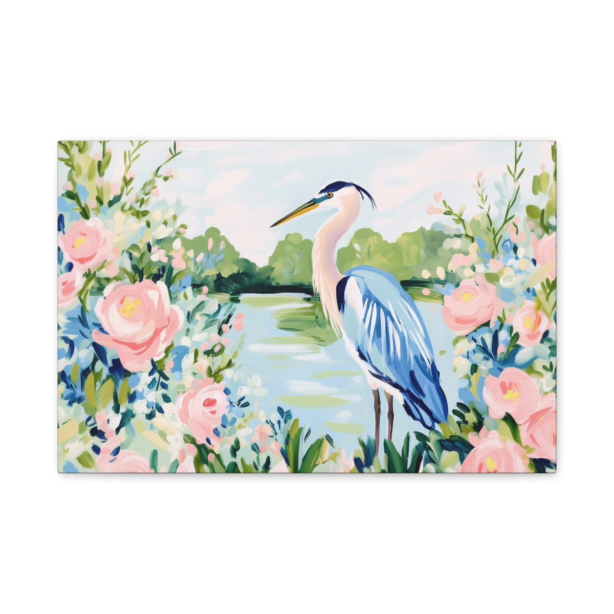 Blue Heron Painting Canvas Stretched Matte Canvas | Floral Southern Marsh Wall Art
