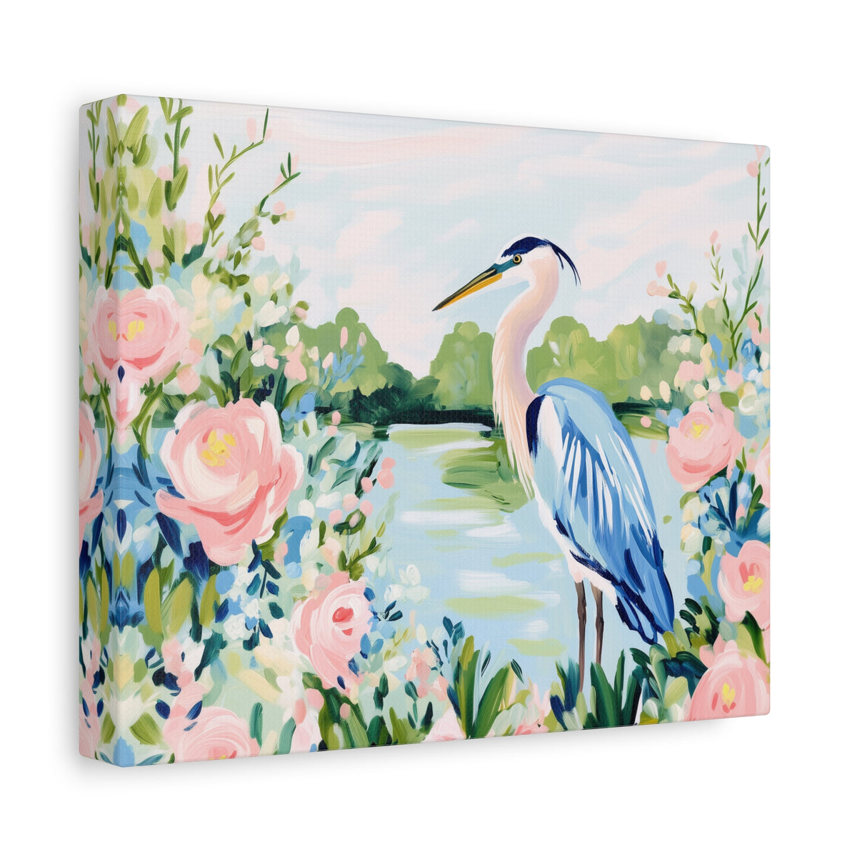 Blue Heron Painting Canvas Stretched Matte Canvas | Floral Southern Marsh Wall Art
