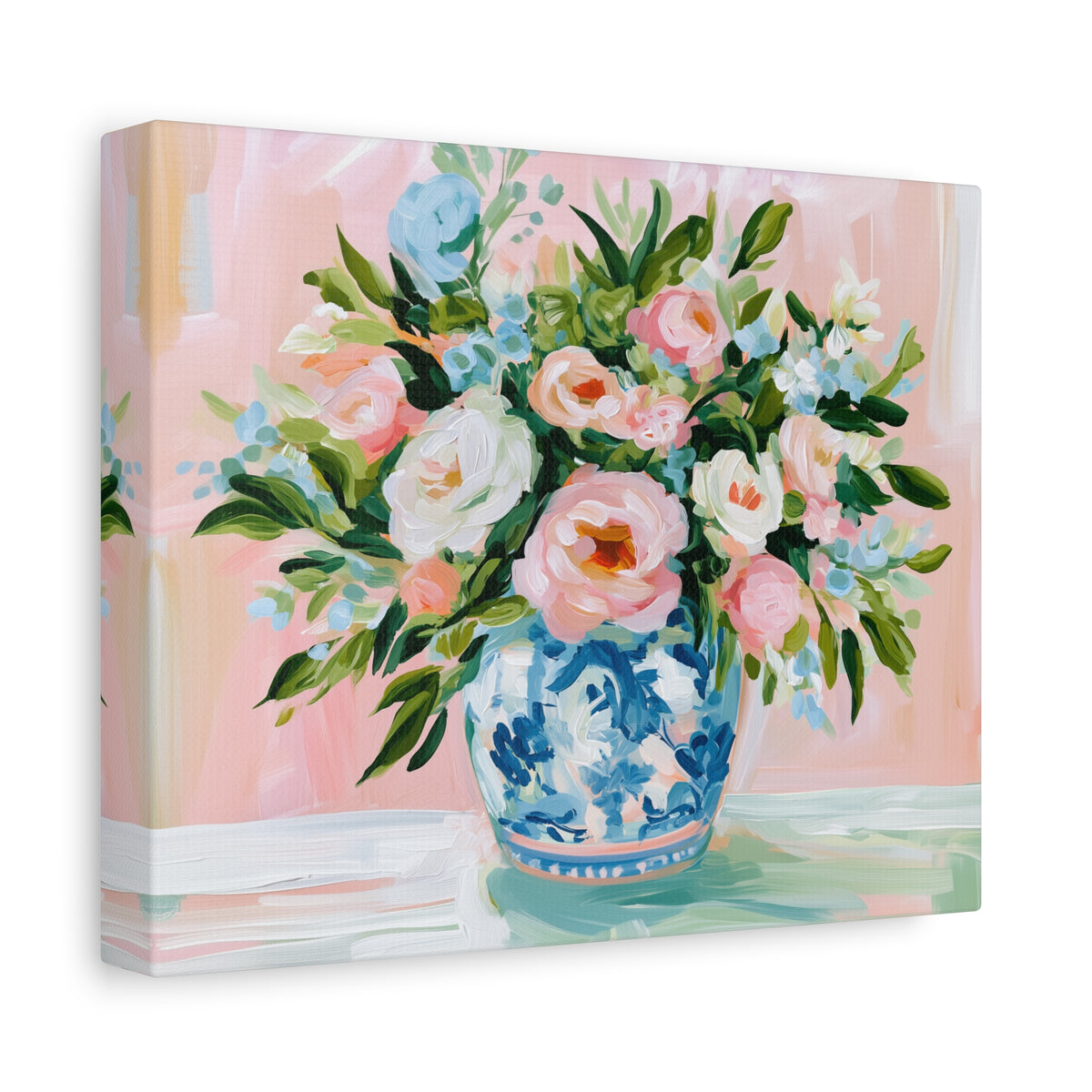 Floral Bouquet Canvas, Pink Peonies in Blue Chinoiserie Vase Canvas Wall Art