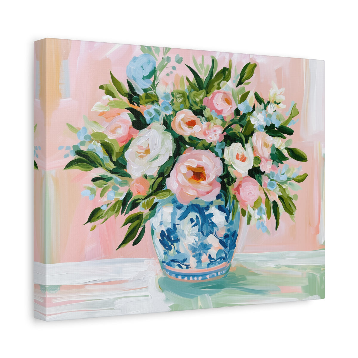 Floral Bouquet Canvas, Pink Peonies in Blue Chinoiserie Vase Canvas Wall Art
