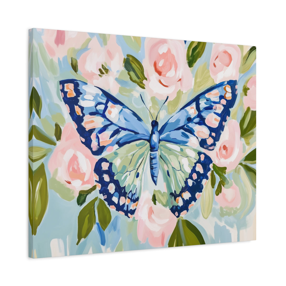 Blue Butterfly Floral Canvas, Preppy Floral Decor, Dorm Art