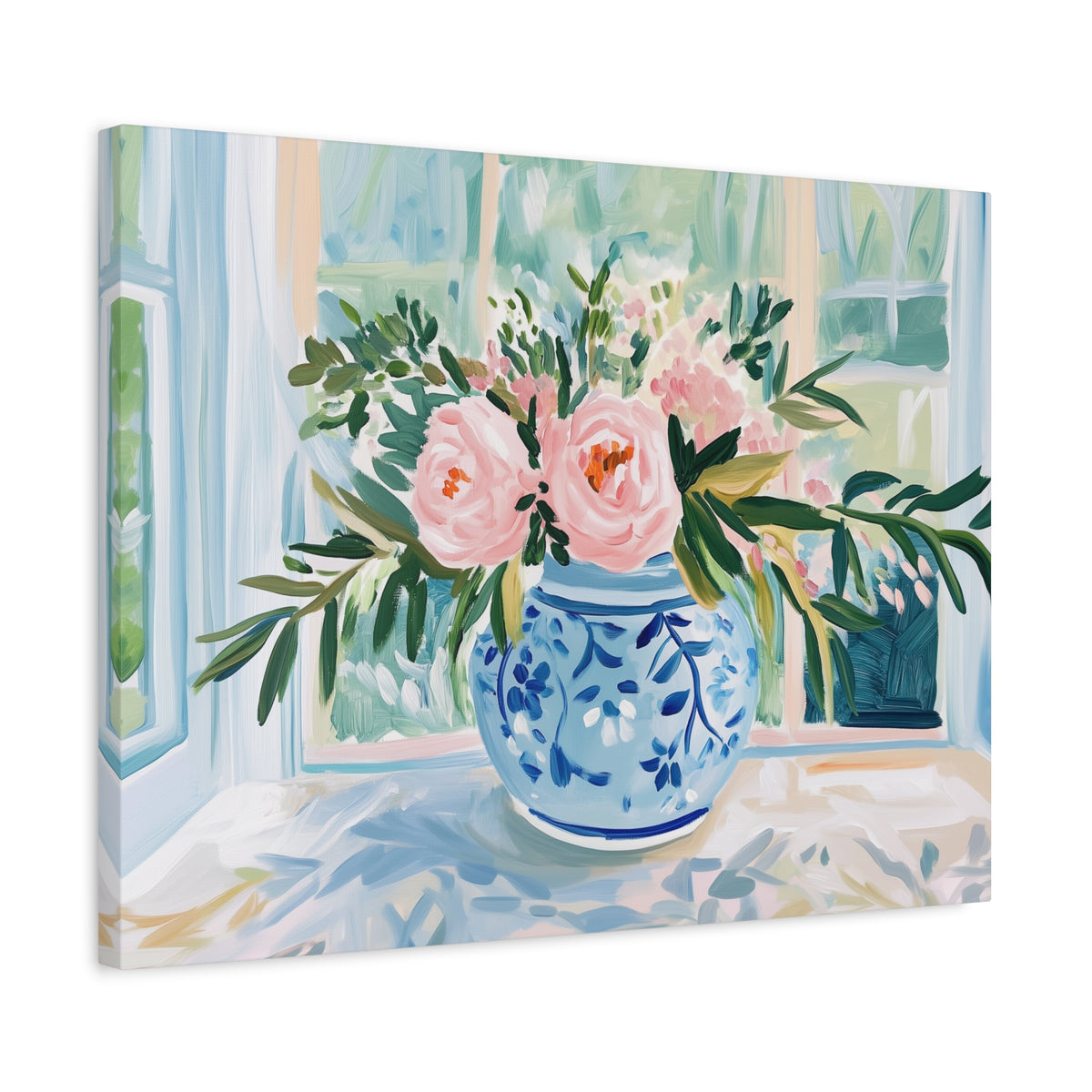 Pink Peonies in Blue Ginger Jar Bouquet on Canvas. Preppy Floral Wall Art