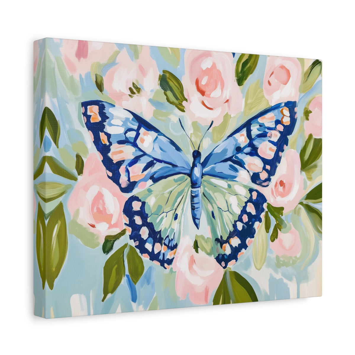 Blue Butterfly Floral Canvas, Preppy Floral Decor, Dorm Art