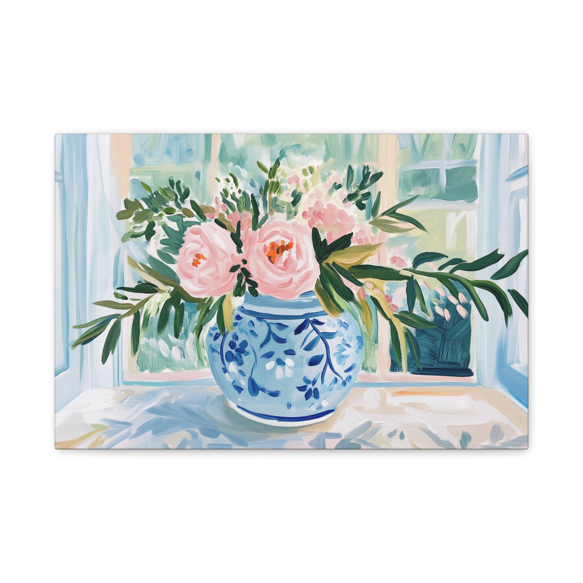 Pink Peonies in Blue Ginger Jar Bouquet on Canvas. Preppy Floral Wall Art