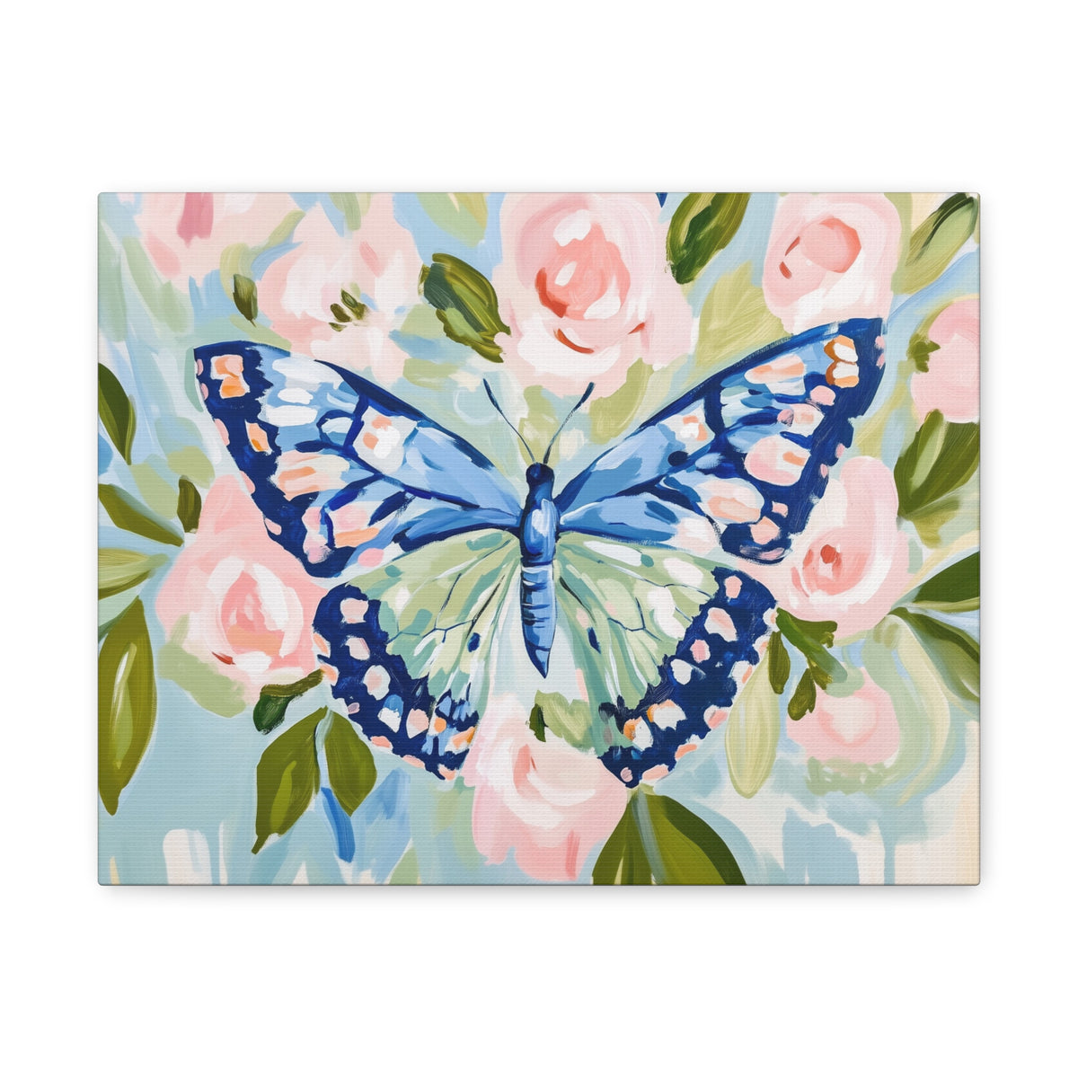 Blue Butterfly Floral Canvas, Preppy Floral Decor, Dorm Art