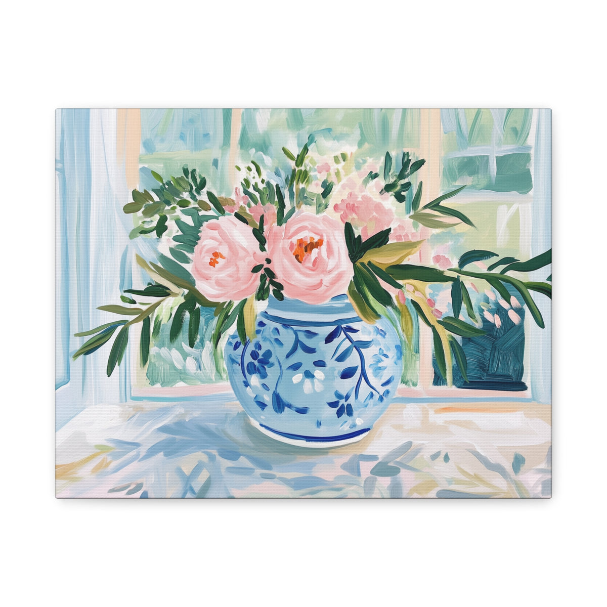 Pink Peonies in Blue Ginger Jar Bouquet on Canvas. Preppy Floral Wall Art