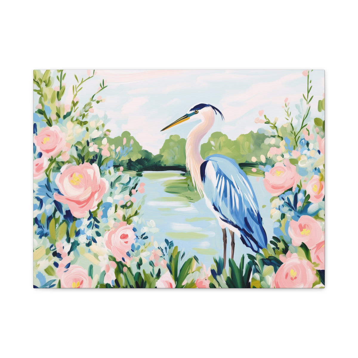 Blue Heron Painting Canvas Stretched Matte Canvas | Floral Southern Marsh Wall Art