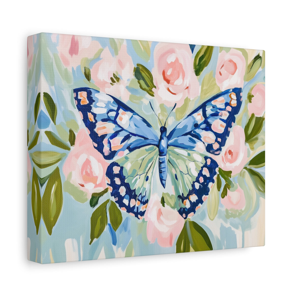 Blue Butterfly Floral Canvas, Preppy Floral Decor, Dorm Art