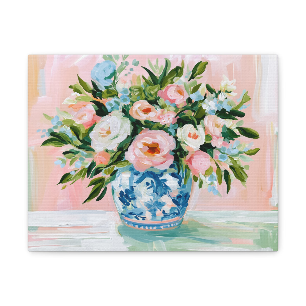 Floral Bouquet Canvas, Pink Peonies in Blue Chinoiserie Vase Canvas Wall Art