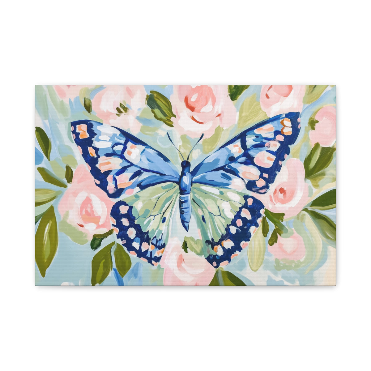 Blue Butterfly Floral Canvas, Preppy Floral Decor, Dorm Art