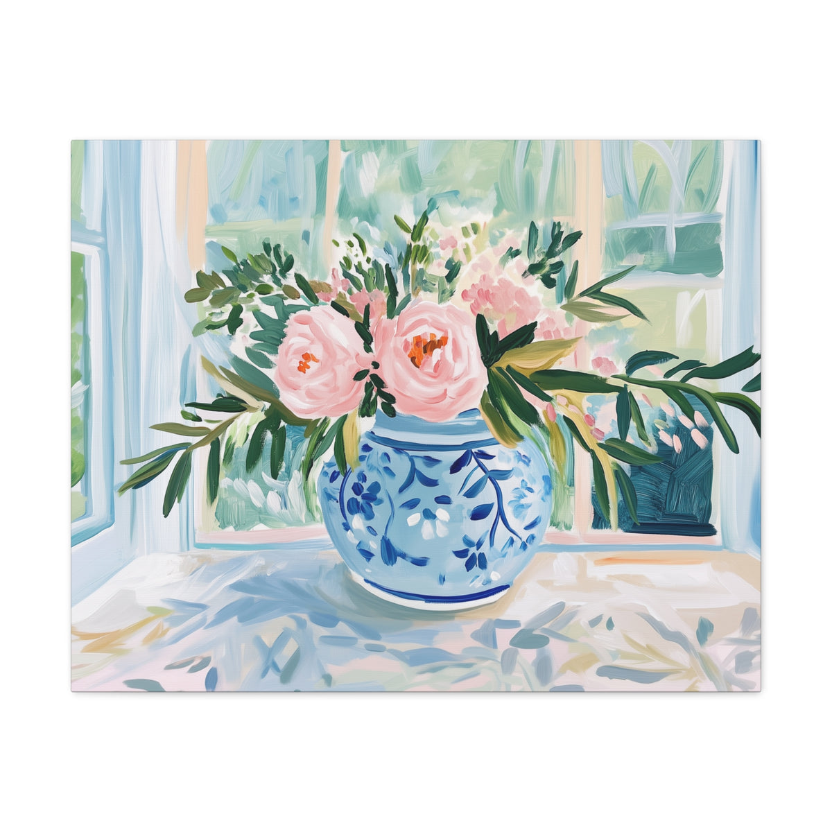 Pink Peonies in Blue Ginger Jar Bouquet on Canvas. Preppy Floral Wall Art