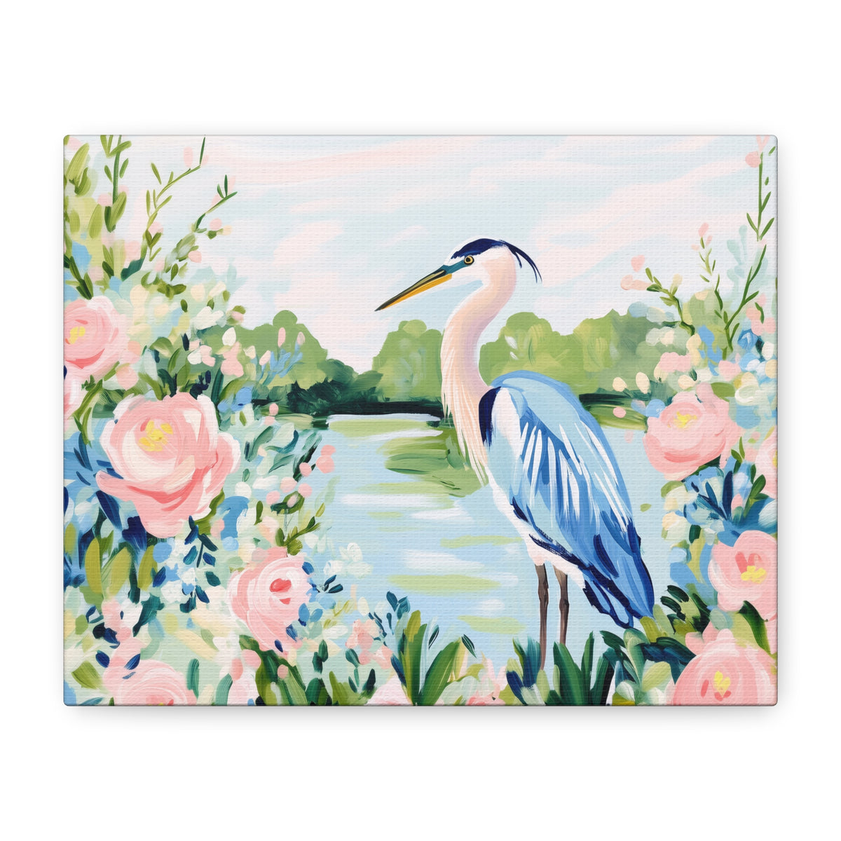 Blue Heron Painting Canvas Stretched Matte Canvas | Floral Southern Marsh Wall Art