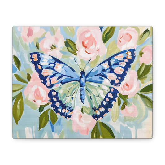 Blue Butterfly Floral Canvas, Preppy Floral Decor, Dorm Art