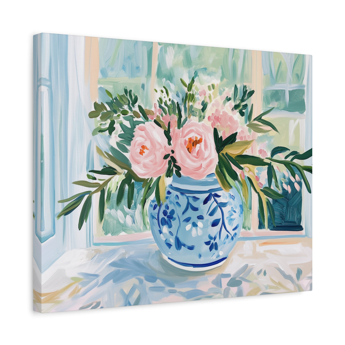 Pink Peonies in Blue Ginger Jar Bouquet on Canvas. Preppy Floral Wall Art