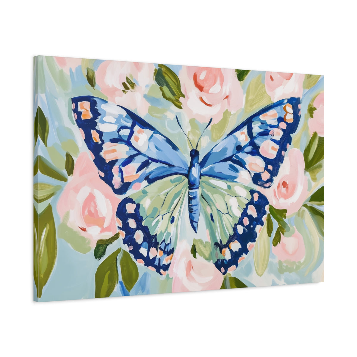 Blue Butterfly Floral Canvas, Preppy Floral Decor, Dorm Art