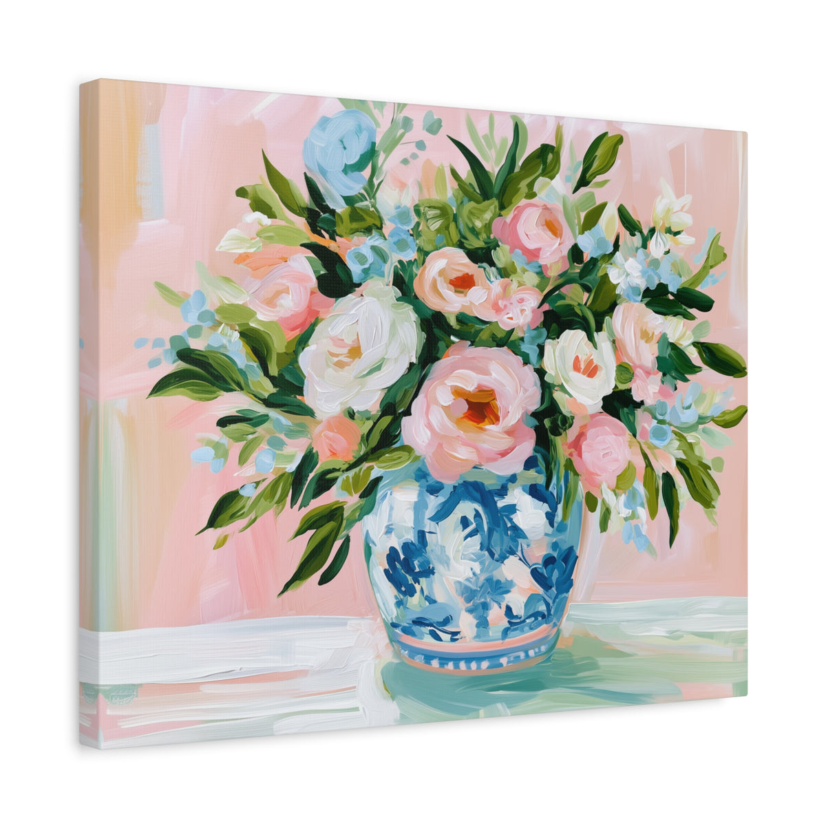 Floral Bouquet Canvas, Pink Peonies in Blue Chinoiserie Vase Canvas Wall Art